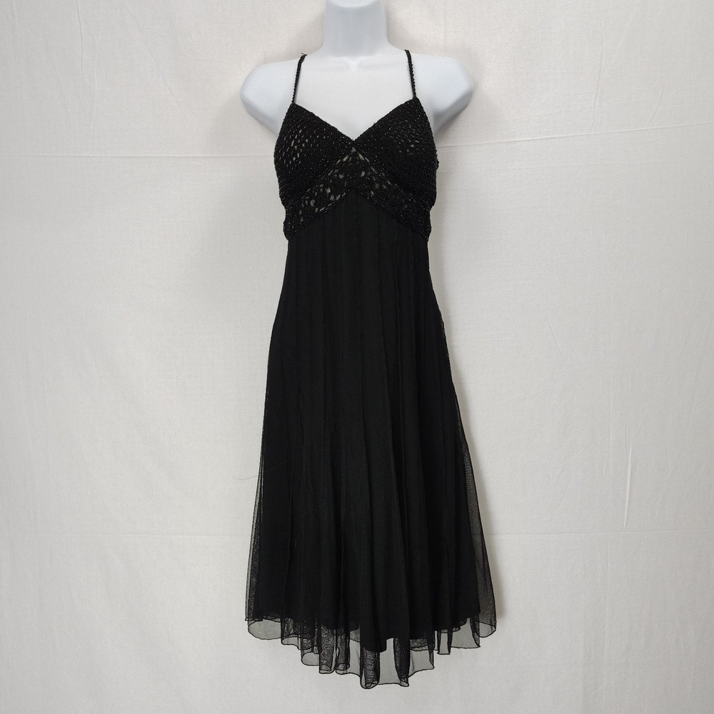 Vtg Y2K Goth Fairy Dress Size 8 M Beaded Crochet Work Mesh overlay Knee Length